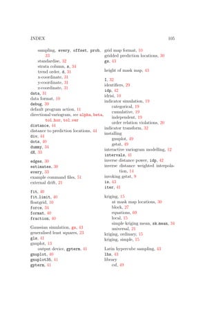 INDEX 105
sampling, every, offset, prob,
33
standardise, 32
strata column, s, 34
trend order, d, 31
x-coordinate, 31
y-coordinate, 31
z-coordinate, 31
data, 31
data format, 10
debug, 39
default program action, 11
directional variogram, see alpha, beta,
tol hor, tol ver
distance, 44
distance to prediction locations, 44
div, 44
dots, 40
dummy, 34
dX, 33
edges, 30
estimates, 30
every, 33
example command ﬁles, 51
external drift, 21
fit, 40
fit limit, 40
ﬂoatgrid, 10
force, 34
format, 40
fraction, 40
Gaussian simulation, gs, 43
generalised least squares, 23
gls, 41
gnuplot, 13
output device, gpterm, 41
gnuplot, 40
gnuplot35, 41
gpterm, 41
grid map format, 10
gridded prediction locations, 30
gs, 43
height of mask map, 43
I, 32
identiﬁers, 29
idp, 42
idrisi, 10
indicator simulation, 19
categorical, 19
cumulative, 19
independent, 19
order relation violations, 20
indicator transform, 32
installing
gnuplot, 49
gstat, 49
interactive variogram modelling, 12
intervals, 41
inverse distance power, idp, 42
inverse distance weighted interpola-
tion, 14
invoking gstat, 9
is, 43
iter, 41
kriging, 15
at mask map locations, 30
block, 27
equations, 69
local, 15
simple kriging mean, sk mean, 34
universal, 21
kriging, ordinary, 15
kriging, simple, 15
Latin hypercube sampling, 43
lhs, 43
library
csf, 49
 