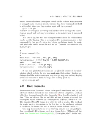 12 CHAPTER 2. GETTING STARTED
second command deﬁnes a variogram model for the variable zinc (the sum
of a nugget and a spherical model). Suppose that these commands are held
in a ﬁle called zinc.gst, then starting gstat with the command
gstat zinc.gst
will start the variogram modelling user interface after reading data and va-
riogram model, and work can be continued at the point where it was saved
before.
At a later stage, the data and variogram deﬁnitions in the command ﬁle
can be used for kriging. This is accomplished by adding commands to the
command ﬁle that specify where the kriging predictions should be made,
and where the results should be written to. Consider the command ﬁle
zinc_pr.gst:
#
# gstat command file
#
data(zinc): ’zinc.eas’, x=1, y=2, v=3;
variogram(zinc): 0.0717 Nug(0) + 0.564 Sph(917.8);
mask: ’mask.map’;
predictions(zinc): ’zinc_pr.map’;
variances(zinc): ’zinc_var.map’;
It says that prediction locations are the grid cell centres of the (non-
missing valued) cells in the grid map mask.map, that ordinary kriging pre-
dictions should be written to the grid map zinc pr.map, and ordinary kriging
prediction variances to zinc var.map, after starting gstat as:
gstat zinc_pr.gst
2.2 Data formats
Measurement data (measured values, their spatial coordinates, and option-
ally base function values) are read from ascii table or (simpliﬁed) GeoEAS
table ﬁles, from grid map ﬁles (see Appendix D) or from Idrisi point (.vec)
ﬁles. Table (or column) ﬁles are ascii ﬁles without a header, with each line
holding one record, and ﬁelds on a line separated by blanks, commas or tabs.
The simpliﬁed GeoEAS format is a table ﬁle with a header. The GeoEAS
ﬁle header has text information on the ﬁrst line; m, the number of variables
in the ﬁle on the second line, and m variable names on lines 3 to m + 2.
Grid map ﬁles may have one of the following formats: Arc-Info grid (grid-
ﬂoat or gridascii), Idrisi image (ascii, real binary, byte), PCRaster (all for-
mats, Van Deursen and Wesseling (1992)), ER-Mapper, GMT, Surfer ascii.
 