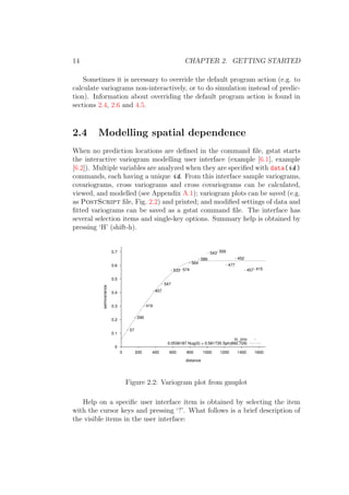 14 CHAPTER 2. GETTING STARTED
Sometimes it is necessary to override the default program action (e.g. to
calculate variograms non-interactively, or to do simulation instead of predic-
tion). Information about overriding the default program action is found in
sections 2.4, 2.6 and 4.5.
2.4 Modelling spatial dependence
When no prediction locations are deﬁned in the command ﬁle, gstat starts
the interactive variogram modelling user interface (example [6.1], example
[6.2]). Multiple variables are analyzed when they are speciﬁed with data(id )
commands, each having a unique id. From this interface sample variograms,
covariograms, cross variograms and cross covariograms can be calculated,
viewed, and modelled (see Appendix A.1); variogram plots can be saved (e.g.
as PostScript ﬁle, Fig. 2.2) and printed; and modiﬁed settings of data and
ﬁtted variograms can be saved as a gstat command ﬁle. The interface has
several selection items and single-key options. Summary help is obtained by
pressing ‘H’ (shift-h).
0
0.1
0.2
0.3
0.4
0.5
0.6
0.7
0 200 400 600 800 1000 1200 1400 1600
semivariance
distance
57
299
419
457
547
533 574
564
589
543 500
477
452
457 415
ln_zinc
0.0536187 Nug(0) + 0.581735 Sph(892.729)
Figure 2.2: Variogram plot from gnuplot
Help on a speciﬁc user interface item is obtained by selecting the item
with the cursor keys and pressing ‘?’. What follows is a brief description of
the visible items in the user interface:
 