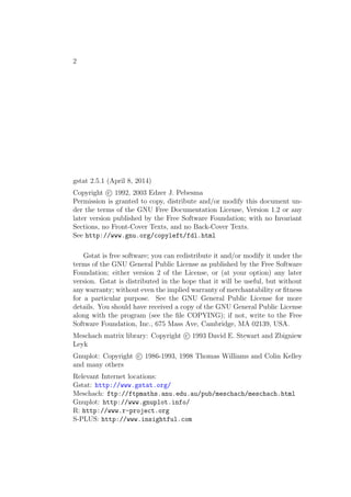 2
gstat 2.5.1 (April 8, 2014)
Copyright c 1992, 2003 Edzer J. Pebesma
Permission is granted to copy, distribute and/or modify this document un-
der the terms of the GNU Free Documentation License, Version 1.2 or any
later version published by the Free Software Foundation; with no Invariant
Sections, no Front-Cover Texts, and no Back-Cover Texts.
See http://www.gnu.org/copyleft/fdl.html
Gstat is free software; you can redistribute it and/or modify it under the
terms of the GNU General Public License as published by the Free Software
Foundation; either version 2 of the License, or (at your option) any later
version. Gstat is distributed in the hope that it will be useful, but without
any warranty; without even the implied warranty of merchantability or ﬁtness
for a particular purpose. See the GNU General Public License for more
details. You should have received a copy of the GNU General Public License
along with the program (see the ﬁle COPYING); if not, write to the Free
Software Foundation, Inc., 675 Mass Ave, Cambridge, MA 02139, USA.
Meschach matrix library: Copyright c 1993 David E. Stewart and Zbigniew
Leyk
Gnuplot: Copyright c 1986-1993, 1998 Thomas Williams and Colin Kelley
and many others
Relevant Internet locations:
Gstat: http://www.gstat.org/
Meschach: ftp://ftpmaths.anu.edu.au/pub/meschach/meschach.html
Gnuplot: http://www.gnuplot.info/
R: http://www.r-project.org
S-PLUS: http://www.insightful.com
 