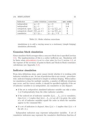 2.6. SIMULATION 21
Indicator order violation correction set order
independent ˆpi < 0 ˜pi = 0 1-4
independent ˆpi > 1 ˜pi = 1 1-4
categorical, open n
i=1 ˆpi > 1 ˜pi = ˆpi/ n
i=1 ˆpi 2
categorical, closed n
i=1 ˆpi = 1 ˜pi = ˆpi/ n
i=1 ˆpi 3
cumulative ˆpi < ˆpi−1 ˜pi − ˜pi−1 = 0 4
Table 2.1: Order relation corrections
simulations is to add a varying mean to a stationary (simple kriging)
simulation afterwards.
Gaussian block simulation
Gstat simulates block averages when a non-zero block size is speciﬁed (section
3.5). The implementation of this is a rather ineﬃcient one. Simulation will
be faster when nblockdiscr is set to a low value (to 3 or 2, section 4.4), at
the expense of the accuracy of point-to-block and block-to-block covariance
calculations (see Appendix A.3).
Indicator simulation
From data deﬁnitions alone, gstat cannot decide whether it is working with
indicator variables or not. In case of prediction this is not crucial—procedure-
wise, indicator kriging is identical to simple or ordinary kriging. When indica-
tor simulation is done for multiple variables, a number of diﬀerent situations
may occur, and for correct results, it should be speciﬁed explicitly if the set
of indicator variables is (i) independent, (ii) cumulative or (iii) disjunct:
• if the set is independent, simulated indicator variable can take a value
1 or 0 independently from the other indicator variables
• if the ordered set of indicator variables I0(s), ..., In−1(s) is cumulative,
then Ij(s) = 1 implies that I0(s), ...Ij−1(s) are all 1 (in gstat, the order
of a set of indicator variables equals the order in which the variables
appear in the command ﬁle)
• if a set of indicators is disjunct, then Ij(s) = 1 implies that Ii(s) = 0
for all i = j.
Independent indicators may represent independent variables. A set of
cumulative indicators may represent the cumulative distribution function of
 