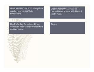 Check whether rate of tax charged for
supplies is as per GST Rate
notifications.
Check whether Tax collected from
Customers has been entirely remitted
to Government.
Others.
Check whether CGST/SGST/IGST
charged in accordance with Place of
supply rules.
 