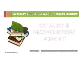 Let us understand the GST
BASIC CONCEPTS OF GST AUDITS & RECONCILIATIONS
 