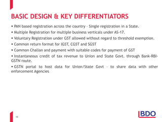 10
 PAN based registration across the country – Single registration in a State.
 Multiple Registration for multiple business verticals under AS-17.
 Voluntary Registration under GST allowed without regard to threshold exemption.
 Common return format for IGST, CGST and SGST
 Common Challan and payment with suitable codes for payment of GST
 Instantaneous credit of tax revenue to Union and State Govt. through Bank-RBI-
GSTN route.
 GSTN portal to host data for Union/State Govt – to share data with other
enforcement Agencies
BASIC DESIGN & KEY DIFFERENTIATORS
 