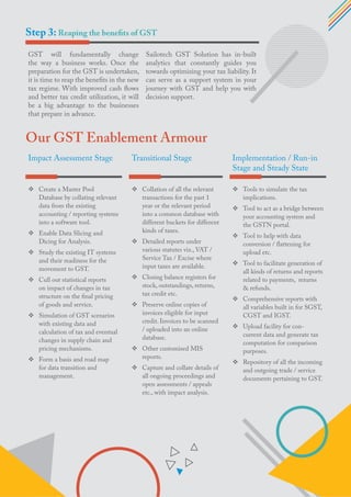 Step 3: Reaping the benefits of GST
Our GST Enablement Armour
GST will fundamentally change
the way a business works. Once the
preparation for the GST is undertaken,
it is time to reap the benefits in the new
tax regime. With improved cash flows
and better tax credit utilization, it will
be a big advantage to the businesses
that prepare in advance.
Sailotech GST Solution has in-built
analytics that constantly guides you
towards optimizing your tax liability. It
can serve as a support system in your
journey with GST and help you with
decision support.
Impact Assessment Stage
Create a Master Pool
Database by collating relevant
data from the existing
accounting / reporting systems
into a software tool.
Enable Data Slicing and
Dicing for Analysis.
Study the existing IT systems
and their readiness for the
movement to GST.
Cull out statistical reports
on impact of changes in tax
structure on the final pricing
of goods and service.
Simulation of GST scenarios
with existing data and
calculation of tax and eventual
changes in supply chain and
pricing mechanisms.
Form a basis and road map
for data transition and
management.
Transitional Stage
Collation of all the relevant
transactions for the past 1
year or the relevant period
into a common database with
different buckets for different
kinds of taxes.
Detailed reports under
various statutes viz., VAT /
Service Tax / Excise where
input taxes are available.
Closing balance registers for
stock, outstandings, returns,
tax credit etc.
Preserve online copies of
invoices eligible for input
credit. Invoices to be scanned
/ uploaded into an online
database.
Other customised MIS
reports.
Capture and collate details of
all ongoing proceedings and
open assessments / appeals
etc., with impact analysis.
Implementation / Run-in
Stage and Steady State
Tools to simulate the tax
implications.
Tool to act as a bridge between
your accounting system and
the GSTN portal.
Tool to help with data
conversion / flattening for
upload etc.
Tool to facilitate generation of
all kinds of returns and reports
related to payments, returns
& refunds.
Comprehensive reports with
all variables built in for SGST,
CGST and IGST.
Upload facility for con-
current data and generate tax
computation for comparison
purposes.
Repository of all the incoming
and outgoing trade / service
documents pertaining to GST.
 