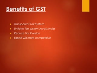 Benefits of GST
 Transparent Tax System
 Uniform Tax system Across India
 Reduce Tax Evasion
 Export will more competitive
 