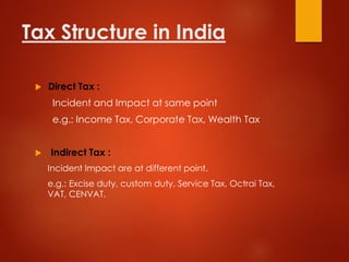 Tax Structure in India
 Direct Tax :
Incident and Impact at same point
e.g.: Income Tax, Corporate Tax, Wealth Tax
 Indirect Tax :
Incident Impact are at different point.
e.g.: Excise duty, custom duty, Service Tax, Octrai Tax,
VAT, CENVAT.
 