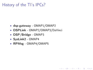 History of the TI's IPCs?

- OMAP1/OMAP2
DSPLink - OMAP2/OMAP3/DaVinci
DSP/Bridge - OMAP3
SysLink2 - OMAP4
RPMsg - OMAP4/OMAP5
dsp-gateway

 