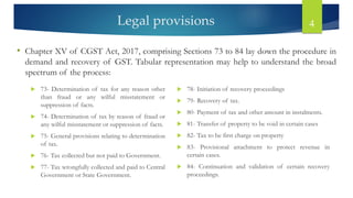 Legal provisions
 73- Determination of tax for any reason other
than fraud or any wilful misstatement or
suppression of facts.
 74- Determination of tax by reason of fraud or
any wilful misstatement or suppression of facts.
 75- General provisions relating to determination
of tax.
 76- Tax collected but not paid to Government.
 77- Tax wrongfully collected and paid to Central
Government or State Government.
 78- Initiation of recovery proceedings
 79- Recovery of tax.
 80- Payment of tax and other amount in instalments.
 81- Transfer of property to be void in certain cases
 82- Tax to be first charge on property
 83- Provisional attachment to protect revenue in
certain cases.
 84- Continuation and validation of certain recovery
proceedings.
4
• Chapter XV of CGST Act, 2017, comprising Sections 73 to 84 lay down the procedure in
demand and recovery of GST. Tabular representation may help to understand the broad
spectrum of the process:
 