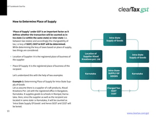 www.cleartax.com/gst
for Reckitt Benckinser
GST Guidebook-ClearTax
How to Determine Place of Supply
‘Place of Supply’ under GST is an important factor as it
defines whether the transaction will be counted as in-
tra-state (i.e within the same state) or inter-state (i.e.
between two states) and accordingly the changeability of
tax, i.e levy of SGST, CGST & IGST will be determined.
While determining the levy of taxes based on place of supply,
two things are considered:
Location of Supplier: It is the registered place of business of
the supplier
Place Of Supply: It is the registered place of business of the
recipient
Let’s understand this with the help of two examples
Example 1: Determining Place of Supply for Intra-State Sup-
ply of Goods
Let us assume there is a supplier of craft products, Kloud
Kreations Pvt. Ltd with the registered office in Bangalore,
Karnataka. It supplies goods to schools in Manipal, Karna-
taka. Here, since the supplier as well as the recipient are
located in same state i.e Karnataka, it will be counted as
‘Intra-State Supply Of Goods’ and hence SGST and CGST will
be levied.
Karnataka
Intra State
Supply of Goods
Location of
Supplier Kloud
Kreations pvt. Ltd
Karnataka
Intra State
Supply of Goods
Intra-State
SUPPLYOF
GOODS
Charged Tax:
SGST
CGST
13
 