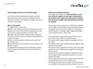 www.cleartax.com/gst
for Reckitt Benckinser
GST Guidebook-ClearTax
What does the Valuation Rule say?
According to the valuation rule, the expenditure or costs
incurred by the supplier as a pure agent (contracted to
the recipient of the supply of services) shall be excluded
from the value of supply, if all of the following conditions
are satisfied:
the pure agent makes a payment to a third party, on behalf
of the recipient, for procuring a supply when the contract for
the supply of services procured is between the third party
and the recipient. For example, legal charges paid to Regis-
trar of Companies (RoC) in above case.
the recipient of the supply is the only user of the services
procured by the pure agent from the third party;
the recipient of the supply is liable to make payment to the
third party;
the recipient of the supply authorizes the pure agent to make
payment on his behalf;
the recipient of the supply knows that the services (for which
payment has been made by the pure agent) are provided by
the third party;
the payment made by the pure agent on behalf of the recip-
ient of supply has been separately indicated in the invoice
issued by the agent;
the pure agent recovers from the recipient only such amount
as has been paid by him to the third party; and
the services procured by the pure agent from the third party
are in addition to the supply/service he provides on his own
Value of Supply of Services in Case of Pure Agent
In our series of articles detailing the valuation rules laid
down by the GST council, we will now talk about the last
valuation rule which is, the valuation of supply in the case of
services to a pure agent.
Who is a Pure Agent?
Pure Agent means a person who:
(a) enters into a contractual agreement with the recipient of
supply to act on their behalf and incur expenditure or costs
in the course of supply of goods or services or both;
(b) neither intends to hold nor holds any title to the goods
or services (or both) procured on behalf of or provided to the
recipient of supply;
(c) does not use the goods or services so procured for his
own interest; and
(d) receives only the actual amount incurred to procure such
goods or services.
A practising Chartered Accountant incorporating a private
limited company on behalf of his client is an example of a
pure agent.
25
 