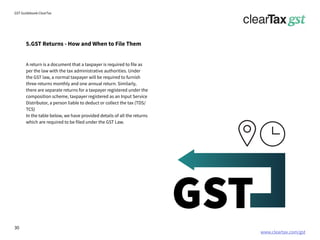 www.cleartax.com/gst
for Reckitt Benckinser
GST Guidebook-ClearTax
5.GST Returns - How and When to File Them
A return is a document that a taxpayer is required to file as
per the law with the tax administrative authorities. Under
the GST law, a normal taxpayer will be required to furnish
three returns monthly and one annual return. Similarly,
there are separate returns for a taxpayer registered under the
composition scheme, taxpayer registered as an Input Service
Distributor, a person liable to deduct or collect the tax (TDS/
TCS)
In the table below, we have provided details of all the returns
which are required to be filed under the GST Law.
GST
30
 