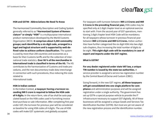 www.cleartax.com/gst
for Reckitt Benckinser
GST Guidebook-ClearTax
HSN and GSTIN - Abbreviations We Need To Know
The Harmonized Commodity Description and Coding System
generally referred to as “Harmonized System of Nomen-
clature” or simply “HSN” is a multipurpose international
product nomenclature developed by the World Customs
Organization (WCO). It comprises about 5,000 commodity
groups; each identified by a six digit code, arranged in a
legal and logical structure and is supported by well-de-
fined rules to achieve uniform classification. The system
is used by more than 200 countries and economies as a
basis for their Customs tariffs and for the collection of inter-
national trade statistics. Over 98 % of the merchandise in
international trade is classified in terms of the HS. The HS
contributes to the harmonization of Customs and trade pro-
cedures, and the non-documentary trade data interchange
in connection with such procedures, thus reducing the costs
related to
international trade.
HSN in Indian context
In the Indian Context, a taxpayer having a turnover ex-
ceeding INR 5 crore is required to follow the HSN code
of 4 digits. In the return form, rate of tax shall be auto pop-
ulated based on the HSN codes used in furnishing invoice
level purchase or sale information. After completing first year
under GST, the turnover for previous year will be considered
as baseline for using HSN codes of 4 digits. The use of HSN
codes will make GST systematic and globally accepted.
For taxpayers with turnover between INR 1.5 Crores and INR
5 Crores in the preceding financial year, HSN codes may be
specified only at 2 digit chapter level as an optional exercise
to start with. From the second year of GST operations, men-
tioning 2 digit chapter level HSN Code will be mandatory
for all taxpayers whose turnover in previous financial year
between INR 1.5 Crores and INR 5.0 Crores. Indian author-
ities have further categorized the six digit HSN into two digit
sub-chapters, thus increasing the total number of digits to
be eight. This eight-digit code will be mandatory in case of
export and imports under the GST regime.
What is GSTIN?
For any dealer registered under state VAT law, a unique
TIN number is issued by the state tax authorities. A
service provider is assigned a service tax registration number
by the Central Board of Excise and Custom (CBEC).
Going forward, in the new GST regime, all these taxpayers
will get consolidated into one single platform for com-
pliance and administration purposes and will be assigned
registration under a single authority. The government has
set up GSTN–a special purpose vehicle to provide the IT
infrastructure necessary to support GST digitally. All of these
businesses will be assigned a unique Goods and Services Tax
Identification Number (GSTIN). But most are yet not aware of
the new registration process and the identification number.
34
 