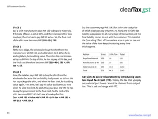 www.cleartax.com/gst
for Reckitt Benckinser
GST Guidebook-ClearTax
STAGE 1
Say a shirt manufacturer pays INR 100 to buy raw materials.
If the rate of taxes is set at 10%, and there is no profit or loss
involved, then he has to pay INR 10 as tax. So, the final cost
of the shirt now becomes INR (100+10=) 110.
STAGE 2
At the next stage, the wholesaler buys the shirt from the
manufacturer at INR 110, and adds labels to it. When he is
adding labels, he is adding value. Therefore his cost increas-
es by say INR 40. On top of this, he has to pay a 10% tax, and
the final cost therefore becomes INR (110+40=) 150 + 10%
tax = 165.
STAGE 3
Now, the retailer pays INR 165 to buy the shirt from the
wholesaler because the tax liability had passed on to him. He
has to package the shirt, and when he does that, he is adding
value again. This time, let’s say his value add is INR 30. Now
when he sells the shirt, he adds this value plus the VAT he has
to pay the government to the final cost. So the cost of the
shirt becomes INR 214.5 Let’s see a breakup for this:
Cost = INR 165 + Value add = INR 30 + 10% tax = INR 195 +
INR 19.5 = INR 214.5
So, the customer pays INR 214.5 for a shirt the cost price
of which was basically only INR 170. Along the way the tax
liability was passed on at every stage of transaction and the
final liability comes to rest with the customer. This is called
the Cascading Effect of Taxes where a tax is paid on tax and
the value of the item keeps increasing every time
this happens.
GST aims to solve this problem by introducing seam-
less Input Tax Credit (ITC). Today, the tax that you pay
on material purchases cannot be claimed from output
tax. This is set to change with ITC.
Action Cost 10% Tax Total
Buys Raw Material
Manufactures @ 40
Adds Value @ 30
Total
150 15 165
195 19.5
214.5
214.5
170 44.5
100 10 110
03
 