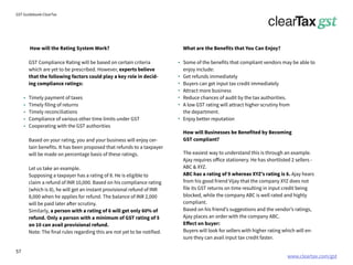www.cleartax.com/gst
for Reckitt Benckinser
GST Guidebook-ClearTax
How will the Rating System Work?
GST Compliance Rating will be based on certain criteria
which are yet to be prescribed. However, experts believe
that the following factors could play a key role in decid-
ing compliance ratings:
Timely payment of taxes
Timely filing of returns
Timely reconciliations
Compliance of various other time limits under GST
Cooperating with the GST authorities
Based on your rating, you and your business will enjoy cer-
tain benefits. It has been proposed that refunds to a taxpayer
will be made on percentage basis of these ratings.
Let us take an example.
Supposing a taxpayer has a rating of 8. He is eligible to
claim a refund of INR 10,000. Based on his compliance rating
(which is 8), he will get an instant provisional refund of INR
8,000 when he applies for refund. The balance of INR 2,000
will be paid later after scrutiny.
Similarly, a person with a rating of 6 will get only 60% of
refund. Only a person with a minimum of GST rating of 5
on 10 can avail provisional refund.
Note: The final rules regarding this are not yet to be notified.
What are the Benefits that You Can Enjoy?
Some of the benefits that compliant vendors may be able to
enjoy include:
Get refunds immediately
Buyers can get input tax credit immediately
Attract more business
Reduce chances of audit by the tax authorities.
A low GST rating will attract higher scrutiny from
the department.
Enjoy better reputation
How will Businesses be Benefited by Becoming
GST compliant?
The easiest way to understand this is through an example.
Ajay requires office stationery. He has shortlisted 2 sellers -
ABC & XYZ.
ABC has a rating of 9 whereas XYZ’s rating is 6. Ajay hears
from his good friend Vijay that the company XYZ does not
file its GST returns on time resulting in input credit being
blocked, while the company ABC is well rated and highly
compliant.
Based on his friend’s suggestions and the vendor’s ratings,
Ajay places an order with the company ABC.
Effect on buyer:
Buyers will look for sellers with higher rating which will en-
sure they can avail input tax credit faster.
57
 
