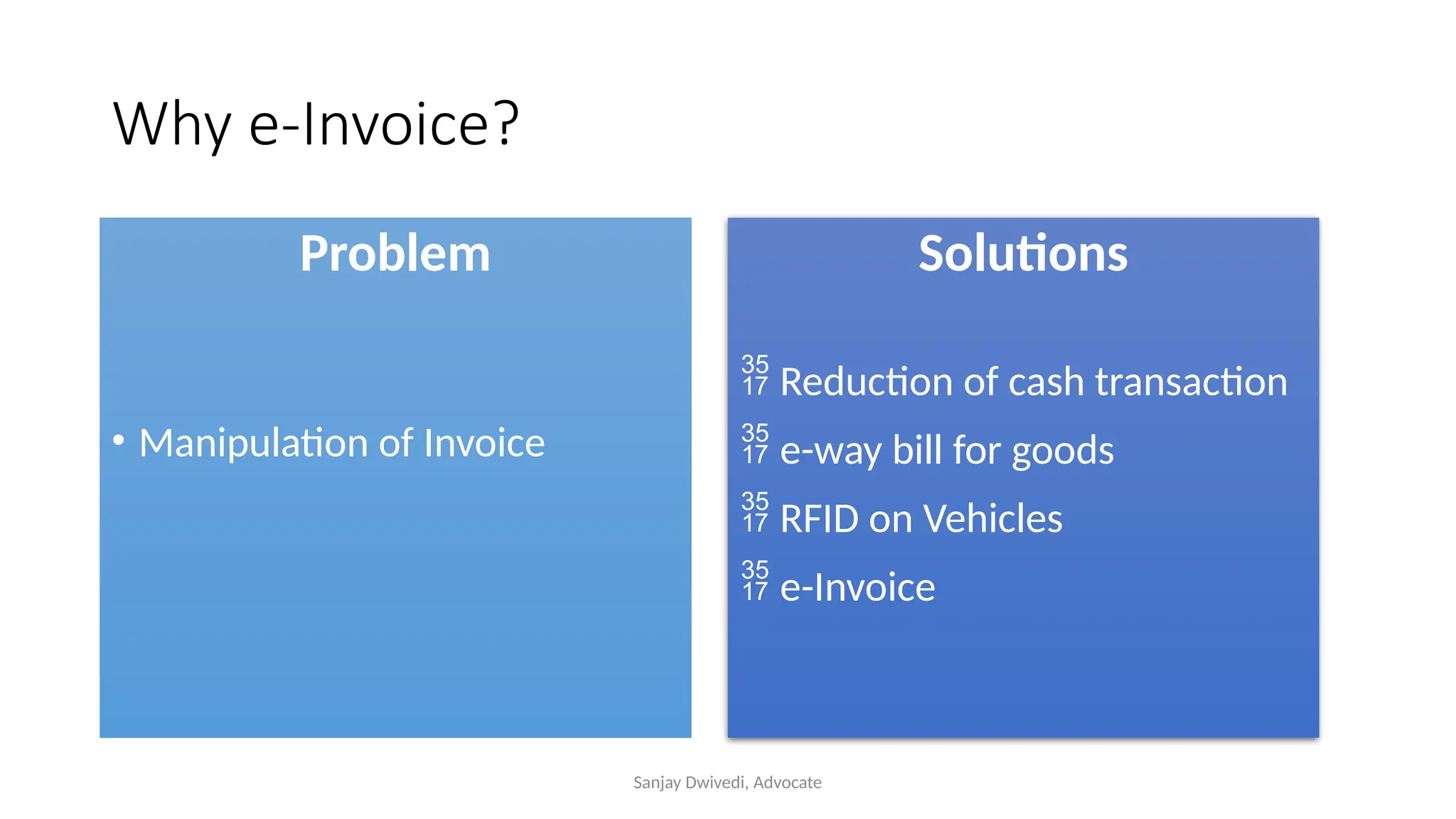 Sanjay Dwivedi, Advocate
Why e-Invoice?
Problem
• Manipulation of Invoice
Solutions
 Reduction of cash transaction
 e-way bill for goods
 RFID on Vehicles
 e-Invoice
 