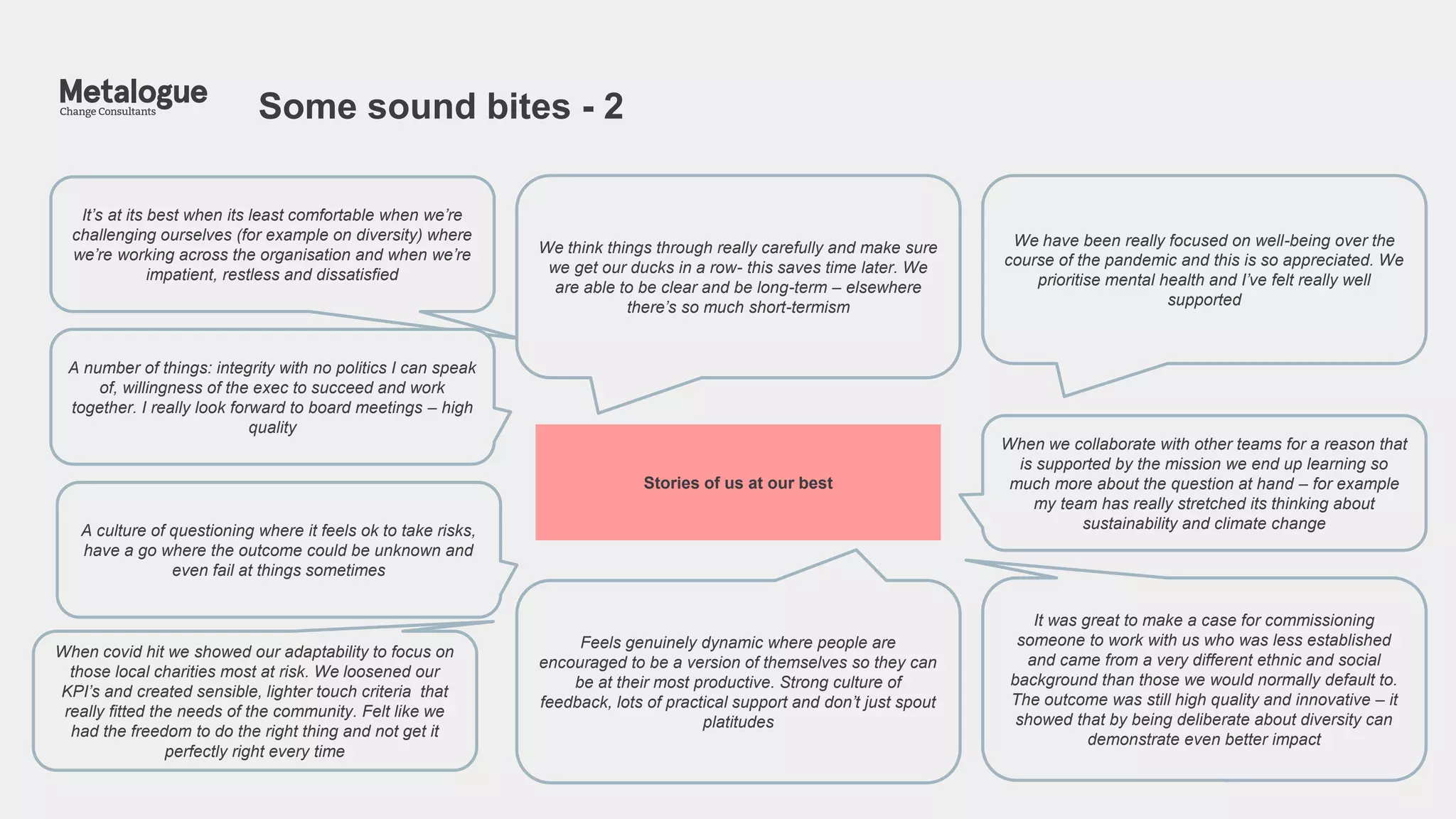 Some sound bites - 2
3
It’s at its best when its least comfortable when we’re
challenging ourselves (for example on diversity) where
we’re working across the organisation and when we’re
impatient, restless and dissatisfied
A number of things: integrity with no politics I can speak
of, willingness of the exec to succeed and work
together. I really look forward to board meetings – high
quality
When we collaborate with other teams for a reason that
is supported by the mission we end up learning so
much more about the question at hand – for example
my team has really stretched its thinking about
sustainability and climate change
We have been really focused on well-being over the
course of the pandemic and this is so appreciated. We
prioritise mental health and I’ve felt really well
supported
We think things through really carefully and make sure
we get our ducks in a row- this saves time later. We
are able to be clear and be long-term – elsewhere
there’s so much short-termism
When covid hit we showed our adaptability to focus on
those local charities most at risk. We loosened our
KPI’s and created sensible, lighter touch criteria that
really fitted the needs of the community. Felt like we
had the freedom to do the right thing and not get it
perfectly right every time
It was great to make a case for commissioning
someone to work with us who was less established
and came from a very different ethnic and social
background than those we would normally default to.
The outcome was still high quality and innovative – it
showed that by being deliberate about diversity can
demonstrate even better impact
Feels genuinely dynamic where people are
encouraged to be a version of themselves so they can
be at their most productive. Strong culture of
feedback, lots of practical support and don’t just spout
platitudes
Stories of us at our best
A culture of questioning where it feels ok to take risks,
have a go where the outcome could be unknown and
even fail at things sometimes
 