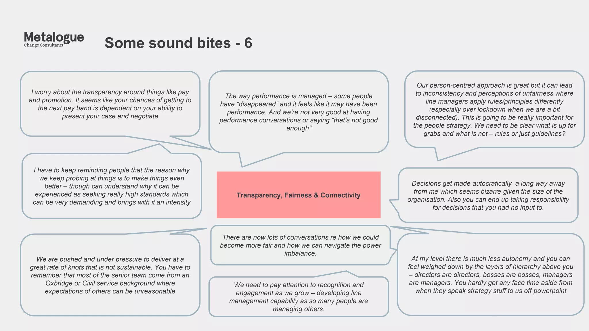 Some sound bites - 6
7
I worry about the transparency around things like pay
and promotion. It seems like your chances of getting to
the next pay band is dependent on your ability to
present your case and negotiate
There are now lots of conversations re how we could
become more fair and how we can navigate the power
imbalance.
Decisions get made autocratically a long way away
from me which seems bizarre given the size of the
organisation. Also you can end up taking responsibility
for decisions that you had no input to.
The way performance is managed – some people
have “disappeared” and it feels like it may have been
performance. And we’re not very good at having
performance conversations or saying “that’s not good
enough”
We are pushed and under pressure to deliver at a
great rate of knots that is not sustainable. You have to
remember that most of the senior team come from an
Oxbridge or Civil service background where
expectations of others can be unreasonable
At my level there is much less autonomy and you can
feel weighed down by the layers of hierarchy above you
– directors are directors, bosses are bosses, managers
are managers. You hardly get any face time aside from
when they speak strategy stuff to us off powerpoint
We need to pay attention to recognition and
engagement as we grow – developing line
management capability as so many people are
managing others.
Transparency, Fairness & Connectivity
Our person-centred approach is great but it can lead
to inconsistency and perceptions of unfairness where
line managers apply rules/principles differently
(especially over lockdown when we are a bit
disconnected). This is going to be really important for
the people strategy. We need to be clear what is up for
grabs and what is not – rules or just guidelines?
I have to keep reminding people that the reason why
we keep probing at things is to make things even
better – though can understand why it can be
experienced as seeking really high standards which
can be very demanding and brings with it an intensity
 