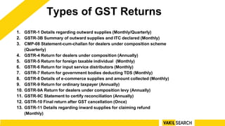 Types of GST Returns
1. GSTR-1 Details regarding outward supplies (Monthly/Quarterly)
2. GSTR-3B Summary of outward supplies and ITC declared (Monthly)
3. CMP-08 Statement-cum-challan for dealers under composition scheme
(Quarterly)
4. GSTR-4 Return for dealers under composition (Annually)
5. GSTR-5 Return for foreign taxable individual (Monthly)
6. GSTR-6 Return for input service distributors (Monthly)
7. GSTR-7 Return for government bodies deducting TDS (Monthly)
8. GSTR-8 Details of e-commerce supplies and amount collected (Monthly)
9. GSTR-9 Return for ordinary taxpayer (Annually)
10. GSTR-9A Return for dealers under composition levy (Annually)
11. GSTR-9C Statement to certify reconciliation (Annually)
12. GSTR-10 Final return after GST cancellation (Once)
13. GSTR-11 Details regarding inward supplies for claiming refund
(Monthly)
 