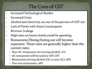 1. Increased Technological Burden
2. Increased Costs
3. Alcohol and electricity are out of the purview of GST net.
4. Lack...