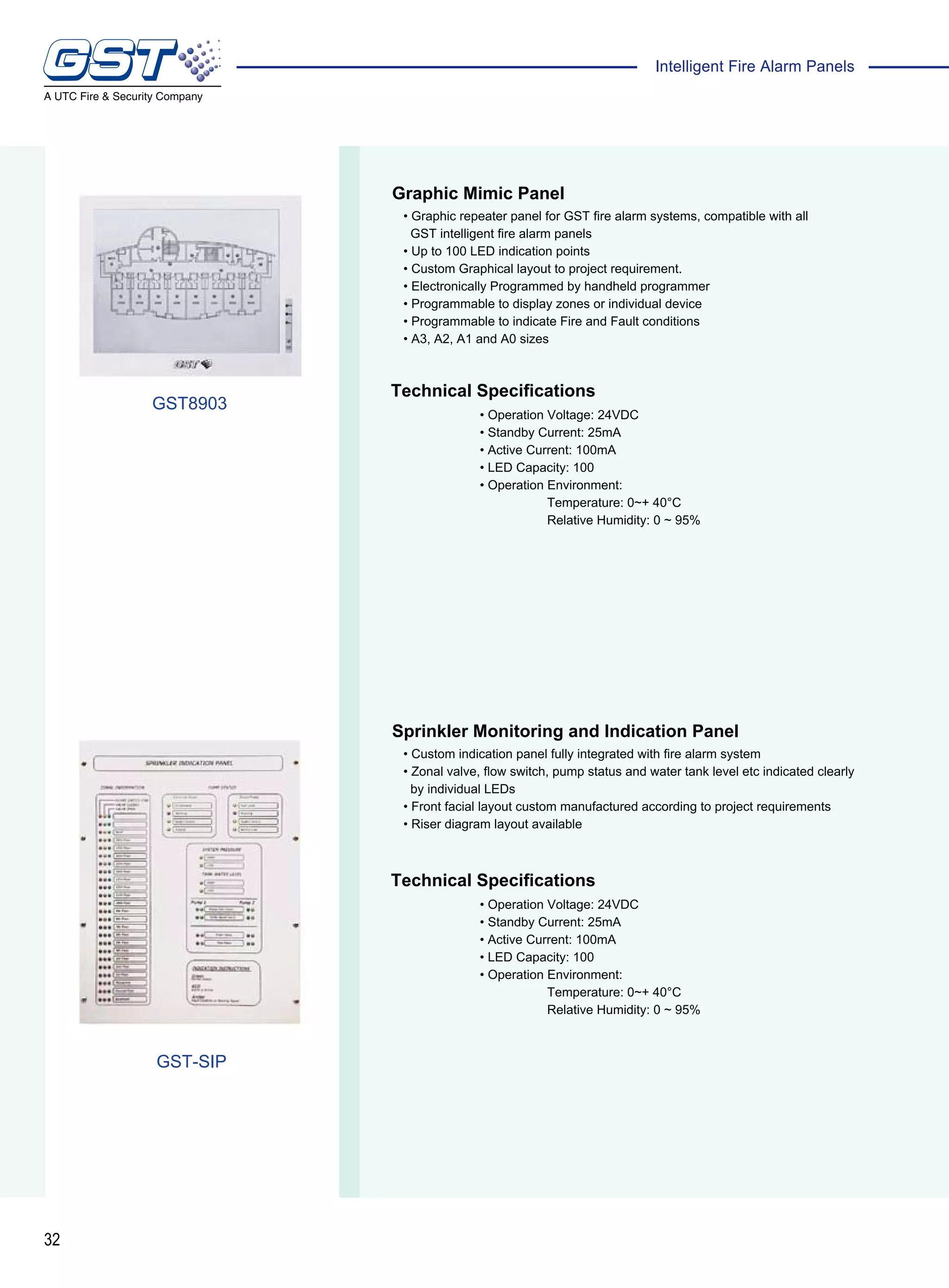 32
Intelligent Fire Alarm Panels
Technical Specifications
Technical Specifications
Graphic Mimic Panel
Sprinkler Monitoring and Indication Panel
• Graphic repeater panel for GST fire alarm systems, compatible with all
GST intelligent fire alarm panels
• Up to 100 LED indication points
• Custom Graphical layout to project requirement.
• Electronically Programmed by handheld programmer
• Programmable to display zones or individual device
• Programmable to indicate Fire and Fault conditions
• A3, A2, A1 and A0 sizes
• Custom indication panel fully integrated with fire alarm system
• Zonal valve, flow switch, pump status and water tank level etc indicated clearly
by individual LEDs
• Front facial layout custom manufactured according to project requirements
• Riser diagram layout available
• Operation Voltage: 24VDC
• Standby Current: 25mA
• Active Current: 100mA
• LED Capacity: 100
• Operation Environment:
Temperature: 0~+ 40°C
Relative Humidity: 0 ~ 95%
• Operation Voltage: 24VDC
• Standby Current: 25mA
• Active Current: 100mA
• LED Capacity: 100
• Operation Environment:
Temperature: 0~+ 40°C
Relative Humidity: 0 ~ 95%
GST8903
GST-SIP
 