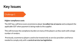 Key Issues
Challenge 1
Higher compliance costs
The GST law, will force every ecommerce player to collect tax at source and...