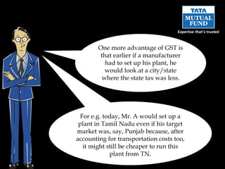 One more advantage of GST is that earlier if a manufacturer had to set up his plant, he would look at a city/state where the state tax was less. For e.g. today, Mr. A would set up a plant in Tamil Nadu even if his target market was, say, Punjab because, after accounting for transportation costs too, it might still be cheaper to run this plant from TN. 