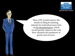 Thus, GST would remove the hassle of filing & claiming refunds for individual taxes later on  for manufacturers , which would greatly improve the cash flow situation for producers of goods and services.  