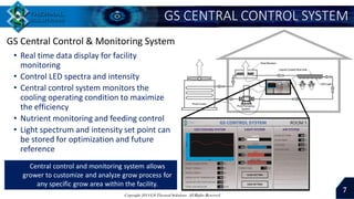 Copyright 2014 GS Thermal Solutions All Rights Reserved
GS Central Control & Monitoring System
• Real time data display for facility
monitoring
• Control LED spectra and intensity
• Central control system monitors the
cooling operating condition to maximize
the efficiency
• Nutrient monitoring and feeding control
• Light spectrum and intensity set point can
be stored for optimization and future
reference
7
GS CENTRAL CONTROL SYSTEM
Central control and monitoring system allows
grower to customize and analyze grow process for
any specific grow area within the facility.
 