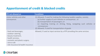 ITC E-Book
5. Proportionate Credit
i.	The goods and/or services are used by a registered taxable person partly for business and partly for non-business; he
is eligible to input tax credit of goods and/or services attributable to the purposes of business.
ii.	 The goods and/or services are used partly for effecting taxable supplies (plus zero rated supplies) and partly for
effecting exempt supplies then he will be eligible for credit attributable to the taxable supplies including zero-rated
supplies only.
For this purpose, exempted supply shall include supplies on which the recipient is liable to pay tax on reverse charge
basis.
iii.	 A banking company or a financial institution including a non-banking financial company, engaged in supplying
services by way of accepting deposits, extending loans or advances shall have the option to either comply with the
the above provision or avail of, every month, an amount equal to fifty per cent of the eligible input tax credit on inputs,
capital goods and input services in that month.
Explanation.- The option once exercised shall not be withdrawn during the remaining part of the financial year.
 