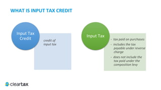 ITC E-Book
Input Tax Credit
Introduction
Understanding Input Tax Credit - Tax Perspective
1. Input Tax Credit
2. Definitions
3. Ineligible Credits
4. Conditions for Claiming Input Tax Credit
5. Proportionate Credit
6. Other Relevant Points
ITC on Stock - Transition Provision
Conditions to be Fulfilled to Take Credit of Eligible Duties or Taxes
How Will Input Tax Credit Be Adjusted?
Process of Claiming Input Tax Credit
 