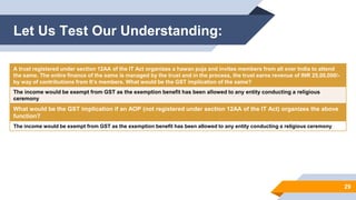 Let Us Test Our Understanding:
29
A trust registered under section 12AA of the IT Act organizes a hawan puja and invites members from all over India to attend
the same. The entire finance of the same is managed by the trust and in the process, the trust earns revenue of INR 25,00,000/-
by way of contributions from It’s members. What would be the GST implication of the same?
The income would be exempt from GST as the exemption benefit has been allowed to any entity conducting a religious
ceremony
What would be the GST implication if an AOP (not registered under section 12AA of the IT Act) organizes the above
function?
The income would be exempt from GST as the exemption benefit has been allowed to any entity conducting a religious ceremony
 