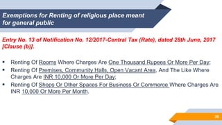 Exemptions for Renting of religious place meant
for general public
Entry No. 13 of Notification No. 12/2017-Central Tax (Rate), dated 28th June, 2017
[Clause (b)].
 Renting Of Rooms Where Charges Are One Thousand Rupees Or More Per Day;
 Renting Of Premises, Community Halls, Open Vacant Area, And The Like Where
Charges Are INR 10,000 Or More Per Day;
 Renting Of Shops Or Other Spaces For Business Or Commerce Where Charges Are
INR 10,000 Or More Per Month.
30
 