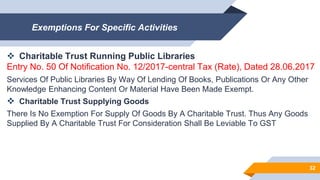 Exemptions For Specific Activities
 Charitable Trust Running Public Libraries
Entry No. 50 Of Notification No. 12/2017-central Tax (Rate), Dated 28.06.2017
Services Of Public Libraries By Way Of Lending Of Books, Publications Or Any Other
Knowledge Enhancing Content Or Material Have Been Made Exempt.
 Charitable Trust Supplying Goods
There Is No Exemption For Supply Of Goods By A Charitable Trust. Thus Any Goods
Supplied By A Charitable Trust For Consideration Shall Be Leviable To GST
32
 