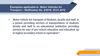 Exemption applicable to Motor Vehicles for
Transport – Notification No. 2/2018- 25.01.2018
• Motor vehicle for transport of Students, faculty and staff, to
a person providing services of transportation of students,
faculty and staff to an educational institution providing
services by way of pre-school education and education up
to higher secondary school or equivalent.”
33
 