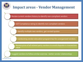 Impact areas - Vendor Management
Review current vendors history to identify non-compliant vendors
GST Compliance rating to identify non-compliant vendors
Identify multiple new vendors, get revised quotes
Conducting vendor education programmes for unorganized vendors
Review price of all related party vendors to avoid disputes in transaction
value
Suggest vendors to follow similar exercise - better vendor relationships
30www.idtc.icai.org
 
