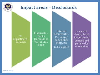 Impact areas – Disclosures
To
department -
bonafide
Financials –
Banks
(Increase in
WC) & Stat.
audit
Internal
documents –
PO, Supply
documents,
offers, etc.
To be explicit
In case of
doubt; Avoid
longer period
demand and
penalty due
to malafide
35www.idtc.icai.org
 