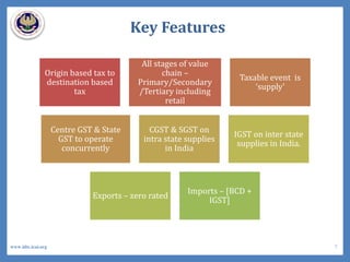 Origin based tax to
destination based
tax
All stages of value
chain –
Primary/Secondary
/Tertiary including
retail
Taxable event is
‘supply’
Centre GST & State
GST to operate
concurrently
CGST & SGST on
intra state supplies
in India
IGST on inter state
supplies in India.
Exports – zero rated
Imports – [BCD +
IGST]
Key Features
7www.idtc.icai.org
 