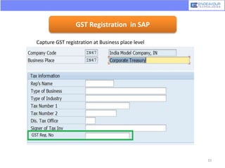 GST Registration in SAP
Capture GST registration at Business place level
level
10
 