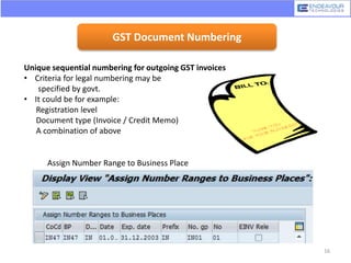 GST Document Numbering
Unique sequential numbering for outgoing GST invoices
• Criteria for legal numbering may be
specified by govt.
• It could be for example:
Registration level
Document type (Invoice / Credit Memo)
A combination of above
Assign Number Range to Business Place
16
 