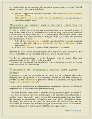 10 | G S T I n d A S
of consideration for the purposes of computing income under the head “Capital
Gains”. In short, the crux is as follows:
 Section is applicable on sale of unquoted shares where sales consideration
is less than FMV,
 FMV shall be deemed as full value of consideration for the purpose of
calculating capital gains.
MEASURES TO ENSURE TIMELY RETURNS (INSERTION OF
SECTION 234F):
In order to ensure that return is filed within due date, it is proposed to insert a
new section 234F in the Act to provide that a fee for delay in furnishing of return
shall be levied for assessment year 2018-19 and onwards where the return is not
filed within the due dates specified for filing of return u/s 139(1). The proposed
fee structure is as follows:
 A fee of five thousand rupees shall be payable, if the return is furnished
after the due date but on or before the 31st day of December of the
assessment year;
 A fee of ten thousand rupees shall be payable in other cases.
However, in a case where the total income does not exceed five lakh rupees, it is
proposed that the fee amount shall not exceed one thousand rupees.
The fee as aforementioned is to be deposited prior to return filing and
consequentially section 140A is to be amended.
The reason for insertion of this section is to ensure timely returns and to distress
department from last day hassles.
CONVERSION OF PREFERENCE SHARES INTO EQUITY
SHARES:
In order to provide tax neutrality to the conversion of preference share of a
company into equity share of that company, section 47 has been amended to
provide that the conversion of preference share of a company into equity share
shall not be regarded as transfer.
Consequential amendments are also proposed in section 49 and section 2(42A) in
respect of cost of acquisition and period of holding.
The reason for this amendment is that the startup investors prefer to invest in
convertible preference shares in initial stages to be assured about returns, later
on they convert into equity, but at present this conversion gets taxed and hence
the investors get demoralized to invest in start ups, which ultimately becomes
the reason for failure of the start ups. Now when the conversion will not be
considered as transfer, the investors will get motivated to invest in convertible
preference shares first and then convert those into equity shares.
 
