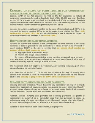 11 | G S T I n d A S
ENABLING OF FILING OF FORM 15G/15H FOR COMMISSION
PAYMENTS SPECIFIED UNDER SECTION 194D:
Section 194D of the Act provides for TDS @ 5% for payments in nature of
insurance commission beyond a threshold limit of Rs. 15,000 per year. Further,
section 197A provides that tax shall not be deducted; if the recipient of certain
payments furnishes a self-declaration in Form 15G/15H declaring that tax on his
estimated total income of relevant previous year will be nil.
In order to reduce compliance burden in the case of individuals and HUFs, it is
proposed to amend section 197A so as to make them eligible for filing self-
declaration in Form 15G/15H for non-deduction of tax at source in respect of
insurance commission referred to in section 194D.
RESTRICTION ON CASH TRANSACTIONS:
In order to achieve the mission of the Government to move towards a less cash
economy to reduce generation and circulation of black money, it is proposed to
insert section 269ST in the Act to provide that no person shall receive an
amount of three lakh rupees or more-
 In aggregate from a person in a day;
 In respect of a single transaction; or
 In respect of transactions relating to one event or occasion from a person,
otherwise than by an account payee cheque or account payee bank draft or use of
electronic clearing system through a bank account.
The restriction shall not apply to Government, any banking company, post office
savings bank or co-operative bank.
With insertion of section 271DA in the Act to provide for levy of penalty on a
person who receives a sum in contravention of the provisions of the section
269ST. The penalty is proposed to be 100% of the amount received.
MEASURES TO DISCOURAGE CASH PAYMENTS:
Existing provision of section 40A(3) disallows any expenditure in respect of which
payment or aggregate of payments made to a person in a day, otherwise than by
account payee cheque drawn on a bank or account payee bank draft, exceeds
twenty thousand rupees, shall not be allowed as a deduction.
Further, section 40A(3A) also provides for deeming payments as profits if
expenditure is incurred in a particular year but the payment is made in
subsequent year of a sum exceeding twenty thousand rupees otherwise than by
account payee cheque drawn on a bank or a account payee bank draft.
In order to disincentivize cash transactions, it is proposed
 