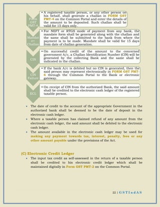 22 | G S T I n d A S
 The date of credit to the account of the appropriate Government in the
authorized bank shall be deemed to be the date of deposit in the
electronic cash ledger.
 Where a taxable person has claimed refund of any amount from the
electronic cash ledger, the said amount shall be debited to the electronic
cash ledger.
 The amount available in the electronic cash ledger may be used for
making any payment towards tax, interest, penalty, fees or any
other amount payable under the provisions of the Act.
(C) Electronic Credit Ledger
 The input tax credit as self-assessed in the return of a taxable person
shall be credited to his electronic credit ledger which shall be
maintained digitally in Form GST PMT-2 on the Common Portal.
Form
GST
PMT-4
• A registered taxable person, or any other person on
his behalf, shall generate a challan in FORM GST
PMT-4 on the Common Portal and enter the details of
the amount to be deposited. Such challan shall be
valid for 15 days only.
Mandat
e+
Challan
• For NEFT or RTGS mode of payment from any bank, the
mandate form shall be generated along with the challan and
the same shall be submitted to the bank from where the
payment is to be made. Mandate shall be valid for 15 days
from date of challan generation.
CIN
• On successful credit of the amount to the concerned
government A/c, a Challan Identification Number (CIN) will be
generated by the collecting Bank and the same shall be
indicated in the challan.
CIN
Failure
• If the bank A/c is debited but no CIN is generated, then the
said person may represent electronically in FORM GST PMT-
6 through the Common Portal to the Bank or electronic
gateway.
ECL
• On receipt of CIN from the authorized Bank, the said amount
shall be credited to the electronic cash ledger of the registered
taxable person.
 