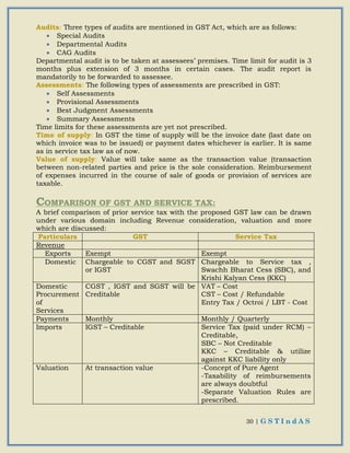 30 | G S T I n d A S
Audits: Three types of audits are mentioned in GST Act, which are as follows:
 Special Audits
 Departmental Audits
 CAG Audits
Departmental audit is to be taken at assessees’ premises. Time limit for audit is 3
months plus extension of 3 months in certain cases. The audit report is
mandatorily to be forwarded to assessee.
Assessments: The following types of assessments are prescribed in GST:
 Self Assessments
 Provisional Assessments
 Best Judgment Assessments
 Summary Assessments
Time limits for these assessments are yet not prescribed.
Time of supply: In GST the time of supply will be the invoice date (last date on
which invoice was to be issued) or payment dates whichever is earlier. It is same
as in service tax law as of now.
Value of supply: Value will take same as the transaction value (transaction
between non-related parties and price is the sole consideration. Reimbursement
of expenses incurred in the course of sale of goods or provision of services are
taxable.
COMPARISON OF GST AND SERVICE TAX:
A brief comparison of prior service tax with the proposed GST law can be drawn
under various domain including Revenue consideration, valuation and more
which are discussed:
Particulars GST Service Tax
Revenue
Exports Exempt Exempt
Domestic Chargeable to CGST and SGST
or IGST
Chargeable to Service tax ,
Swachh Bharat Cess (SBC), and
Krishi Kalyan Cess (KKC)
Domestic
Procurement
of
Services
CGST , IGST and SGST will be
Creditable
VAT – Cost
CST – Cost / Refundable
Entry Tax / Octroi / LBT - Cost
Payments Monthly Monthly / Quarterly
Imports IGST – Creditable Service Tax (paid under RCM) –
Creditable,
SBC – Not Creditable
KKC – Creditable & utilize
against KKC liability only
Valuation At transaction value -Concept of Pure Agent
-Taxability of reimbursements
are always doubtful
-Separate Valuation Rules are
prescribed.
 
