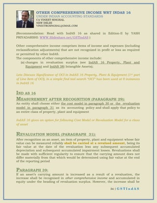 34 | G S T I n d A S
OTHER COMPREHENSIVE INCOME WRT INDAS 16
UNDER INDIAN ACCOUNTING STANDARDS
CA VINEET SINGHAL
NEW DELHI
VINEETRGSINGHAL@GMAIL.COM
(Recommendation: Read with IndAS 16 as shared in Edition-II by YASH
PRIYADARSHI: WWW.Slideshare.net/GSTIndAS )
Other comprehensive income comprises items of income and expenses (including
reclassification adjustments) that are not recognized in profit or loss as required
or permitted by other IndAS.
The components of other comprehensive income include:
(a) changes in revaluation surplus (see IndAS 16 Property, Plant and
Equipment and IndAS 38) Intangible Assets);
Lets Discuss Significance of OCI in IndAS 16 Property, Plant & Equipment (1st part
of Line Item of OCI), in a simple find tool search “OCI” has been used at 8 instances
in IndAS 16
IND AS 16
MEASUREMENT AFTER RECOGNITION (PARAGRAPH 29):
An entity shall choose either the cost model in paragraph 30 or the revaluation
model in paragraph 31 as its accounting policy and shall apply that policy to
an entire class of property, plant and equipment
IndAS 16 gives an option for following Cost Model or Revaluation Model for a class
of asset
REVALUATION MODEL (PARAGRAPH 31):
After recognition as an asset, an item of property, plant and equipment whose fair
value can be measured reliably shall be carried at a revalued amount, being its
fair value at the date of the revaluation less any subsequent accumulated
depreciation and subsequent accumulated impairment losses. Revaluations shall
be made with sufficient regularity to ensure that the carrying amount does not
differ materially from that which would be determined using fair value at the end
of the reporting period
PARAGRAPH 39:
If an asset’s carrying amount is increased as a result of a revaluation, the
increase shall be recognised in other comprehensive income and accumulated in
equity under the heading of revaluation surplus. However, the increase shall be
 
