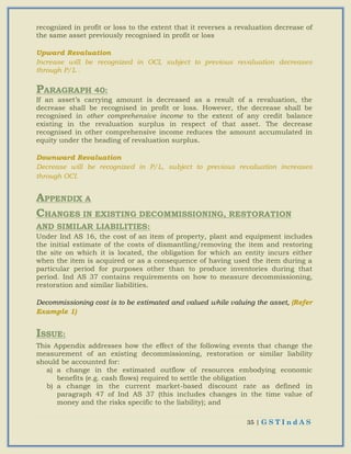 35 | G S T I n d A S
recognized in profit or loss to the extent that it reverses a revaluation decrease of
the same asset previously recognised in profit or loss
Upward Revaluation
Increase will be recognized in OCI, subject to previous revaluation decreases
through P/L .
PARAGRAPH 40:
If an asset’s carrying amount is decreased as a result of a revaluation, the
decrease shall be recognised in profit or loss. However, the decrease shall be
recognised in other comprehensive income to the extent of any credit balance
existing in the revaluation surplus in respect of that asset. The decrease
recognised in other comprehensive income reduces the amount accumulated in
equity under the heading of revaluation surplus.
Downward Revaluation
Decrease will be recognized in P/L, subject to previous revaluation increases
through OCI.
APPENDIX A
CHANGES IN EXISTING DECOMMISSIONING, RESTORATION
AND SIMILAR LIABILITIES:
Under Ind AS 16, the cost of an item of property, plant and equipment includes
the initial estimate of the costs of dismantling/removing the item and restoring
the site on which it is located, the obligation for which an entity incurs either
when the item is acquired or as a consequence of having used the item during a
particular period for purposes other than to produce inventories during that
period. Ind AS 37 contains requirements on how to measure decommissioning,
restoration and similar liabilities.
Decommissioning cost is to be estimated and valued while valuing the asset, (Refer
Example 1)
ISSUE:
This Appendix addresses how the effect of the following events that change the
measurement of an existing decommissioning, restoration or similar liability
should be accounted for:
a) a change in the estimated outflow of resources embodying economic
benefits (e.g. cash flows) required to settle the obligation
b) a change in the current market-based discount rate as defined in
paragraph 47 of Ind AS 37 (this includes changes in the time value of
money and the risks specific to the liability); and
 