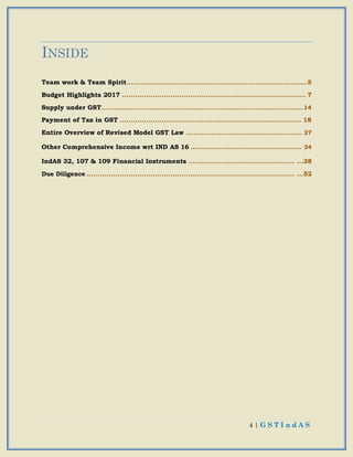 4 | G S T I n d A S
INSIDE
Team work & Team Spirit.......................................................................................5
Budget Highlights 2017 ................................................................................... 7
Supply under GST.................................................................................................14
Payment of Tax in GST .................................................................................. 18
Entire Overview of Revised Model GST Law ............................................................ 27
Other Comprehensive Income wrt IND AS 16 .................................................. 34
IndAS 32, 107 & 109 Financial Instruments ................................................ ...38
Due Diligence .............................................................................................. ...52
 