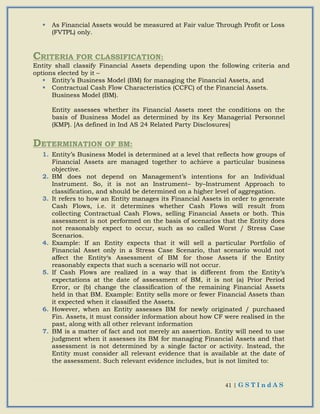 41 | G S T I n d A S
 As Financial Assets would be measured at Fair value Through Profit or Loss
(FVTPL) only.
CRITERIA FOR CLASSIFICATION:
Entity shall classify Financial Assets depending upon the following criteria and
options elected by it –
 Entity’s Business Model (BM) for managing the Financial Assets, and
 Contractual Cash Flow Characteristics (CCFC) of the Financial Assets.
Business Model (BM).
Entity assesses whether its Financial Assets meet the conditions on the
basis of Business Model as determined by its Key Managerial Personnel
(KMP). [As defined in Ind AS 24 Related Party Disclosures]
DETERMINATION OF BM:
1. Entity’s Business Model is determined at a level that reflects how groups of
Financial Assets are managed together to achieve a particular business
objective.
2. BM does not depend on Management’s intentions for an Individual
Instrument. So, it is not an Instrument– by–Instrument Approach to
classification, and should be determined on a higher level of aggregation.
3. It refers to how an Entity manages its Financial Assets in order to generate
Cash Flows, i.e. it determines whether Cash Flows will result from
collecting Contractual Cash Flows, selling Financial Assets or both. This
assessment is not performed on the basis of scenarios that the Entity does
not reasonably expect to occur, such as so called Worst / Stress Case
Scenarios.
4. Example: If an Entity expects that it will sell a particular Portfolio of
Financial Asset only in a Stress Case Scenario, that scenario would not
affect the Entity‘s Assessment of BM for those Assets if the Entity
reasonably expects that such a scenario will not occur.
5. If Cash Flows are realized in a way that is different from the Entity’s
expectations at the date of assessment of BM, it is not (a) Prior Period
Error, or (b) change the classification of the remaining Financial Assets
held in that BM. Example: Entity sells more or fewer Financial Assets than
it expected when it classified the Assets.
6. However, when an Entity assesses BM for newly originated / purchased
Fin. Assets, it must consider information about how CF were realised in the
past, along with all other relevant information
7. BM is a matter of fact and not merely an assertion. Entity will need to use
judgment when it assesses its BM for managing Financial Assets and that
assessment is not determined by a single factor or activity. Instead, the
Entity must consider all relevant evidence that is available at the date of
the assessment. Such relevant evidence includes, but is not limited to:
 