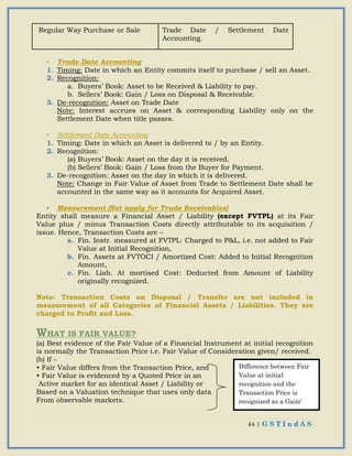 44 | G S T I n d A S
Regular Way Purchase or Sale Trade Date / Settlement Date
Accounting.
• Trade Date Accounting
1. Timing: Date in which an Entity commits itself to purchase / sell an Asset.
2. Recognition:
a. Buyers’ Book: Asset to be Received & Liability to pay.
b. Sellers’ Book: Gain / Loss on Disposal & Receivable.
3. De-recognition: Asset on Trade Date
Note: Interest accrues on Asset & corresponding Liability only on the
Settlement Date when title passes.
• Settlement Date Accounting
1. Timing: Date in which an Asset is delivered to / by an Entity.
2. Recognition:
(a) Buyers’ Book: Asset on the day it is received.
(b) Sellers’ Book: Gain / Loss from the Buyer for Payment.
3. De-recognition: Asset on the day in which it is delivered.
Note: Change in Fair Value of Asset from Trade to Settlement Date shall be
accounted in the same way as it accounts for Acquired Asset.
• Measurement (Not apply for Trade Receivables)
Entity shall measure a Financial Asset / Liability (except FVTPL) at its Fair
Value plus / minus Transaction Costs directly attributable to its acquisition /
issue. Hence, Transaction Costs are –
a. Fin. Instr. measured at FVTPL: Charged to P&L, i.e. not added to Fair
Value at Initial Recognition,
b. Fin. Assets at FVTOCI / Amortized Cost: Added to Initial Recognition
Amount,
c. Fin. Liab. At mortised Cost: Deducted from Amount of Liability
originally recognized.
Note: Transaction Costs on Disposal / Transfer are not included in
measurement of all Categories of Financial Assets / Liabilities. They are
charged to Profit and Loss.
WHAT IS FAIR VALUE?
(a) Best evidence of the Fair Value of a Financial Instrument at initial recognition
is normally the Transaction Price i.e. Fair Value of Consideration given/ received.
(b) If –
• Fair Value differs from the Transaction Price, and
• Fair Value is evidenced by a Quoted Price in an
Active market for an identical Asset / Liability or
Based on a Valuation technique that uses only data
From observable markets.
Difference between Fair
Value at initial
recognition and the
Transaction Price is
recognized as a Gain/
Loss
 