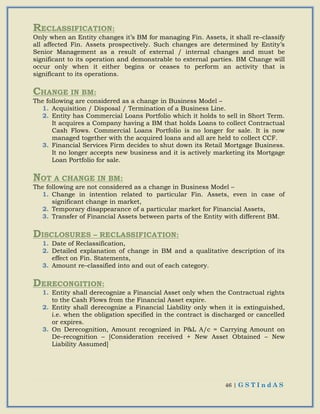 46 | G S T I n d A S
RECLASSIFICATION:
Only when an Entity changes it’s BM for managing Fin. Assets, it shall re–classify
all affected Fin. Assets prospectively. Such changes are determined by Entity’s
Senior Management as a result of external / internal changes and must be
significant to its operation and demonstrable to external parties. BM Change will
occur only when it either begins or ceases to perform an activity that is
significant to its operations.
CHANGE IN BM:
The following are considered as a change in Business Model –
1. Acquisition / Disposal / Termination of a Business Line.
2. Entity has Commercial Loans Portfolio which it holds to sell in Short Term.
It acquires a Company having a BM that holds Loans to collect Contractual
Cash Flows. Commercial Loans Portfolio is no longer for sale. It is now
managed together with the acquired loans and all are held to collect CCF.
3. Financial Services Firm decides to shut down its Retail Mortgage Business.
It no longer accepts new business and it is actively marketing its Mortgage
Loan Portfolio for sale.
NOT A CHANGE IN BM:
The following are not considered as a change in Business Model –
1. Change in intention related to particular Fin. Assets, even in case of
significant change in market,
2. Temporary disappearance of a particular market for Financial Assets,
3. Transfer of Financial Assets between parts of the Entity with different BM.
DISCLOSURES – RECLASSIFICATION:
1. Date of Reclassification,
2. Detailed explanation of change in BM and a qualitative description of its
effect on Fin. Statements,
3. Amount re–classified into and out of each category.
DERECONGITION:
1. Entity shall derecognize a Financial Asset only when the Contractual rights
to the Cash Flows from the Financial Asset expire.
2. Entity shall derecognize a Financial Liability only when it is extinguished,
i.e. when the obligation specified in the contract is discharged or cancelled
or expires.
3. On Derecognition, Amount recognized in P&L A/c = Carrying Amount on
De–recognition – [Consideration received + New Asset Obtained – New
Liability Assumed]
 